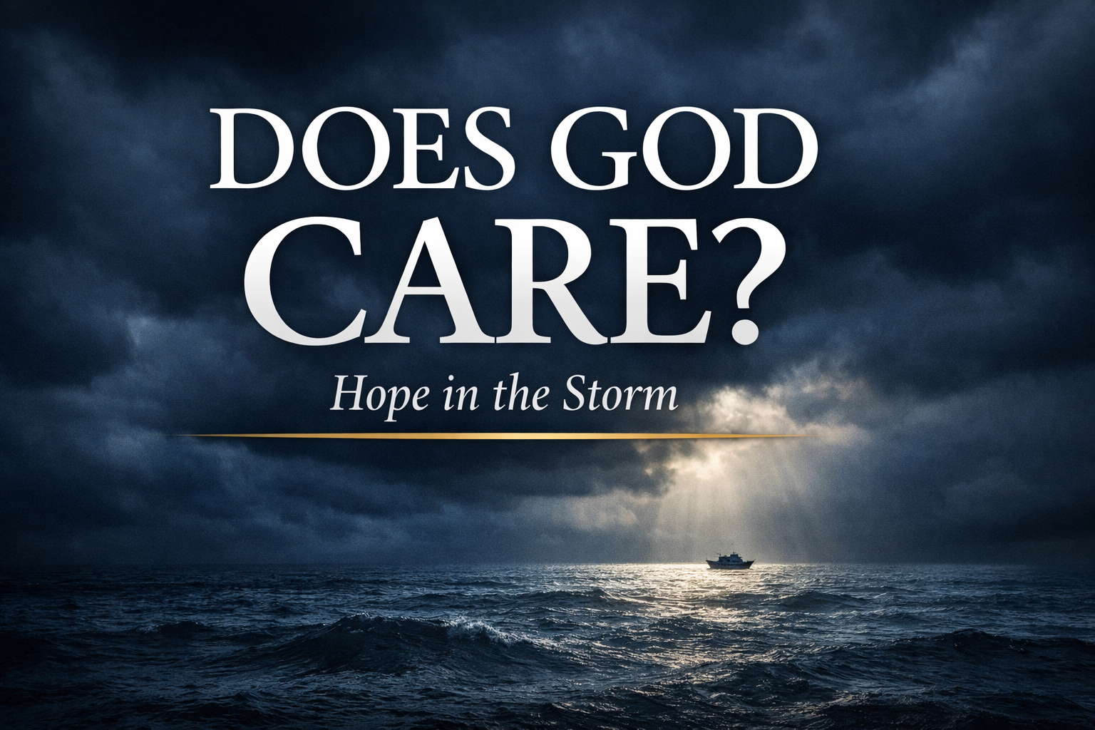 Stormy sea with dark clouds and light breaking through above a small boat, featuring the text “Does God Care? Hope in the Storm,” illustrating Christian hope and God’s care in suffering.