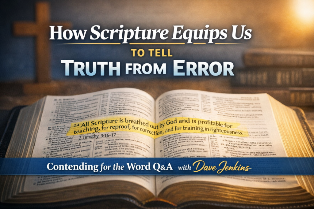 Christian podcast thumbnail showing an open Bible with a highlighted passage from 2 Timothy 3:16–17, a cross in the background, and bold overlay text reading “How Scripture Equips Us to Tell Truth from Error — Contending for the Word Q&A with Dave Jenkins.”