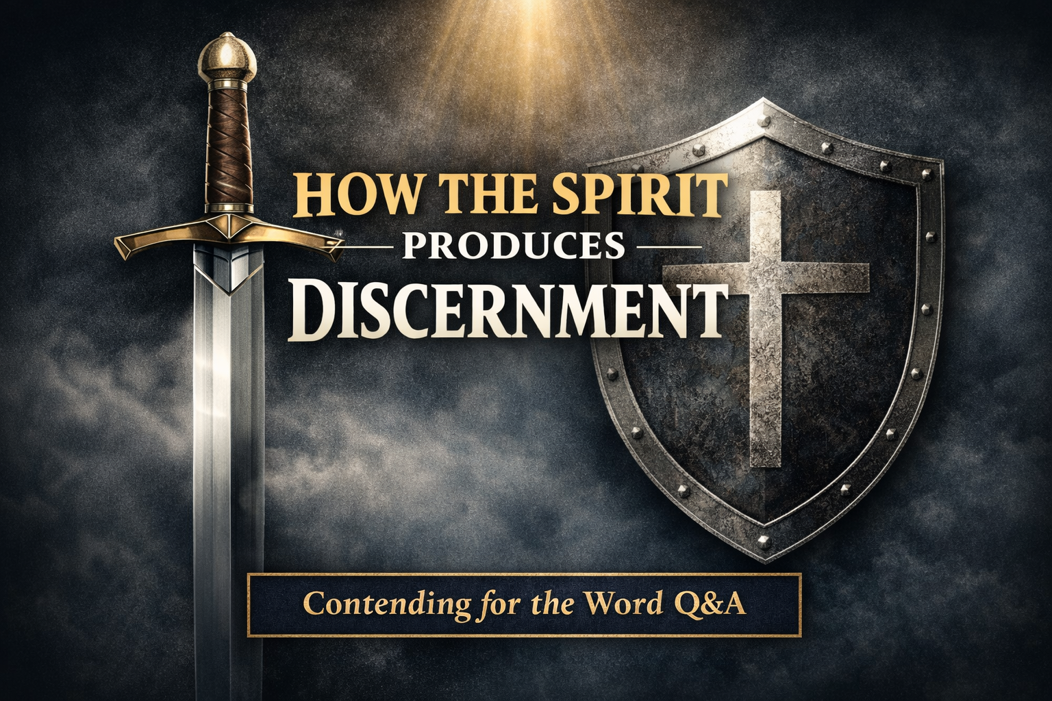 Sword and shield graphic symbolizing the Word of God and spiritual protection, with the title “How the Spirit Produces Discernment” and the label “Contending for the Word Q&A” on a dark background.