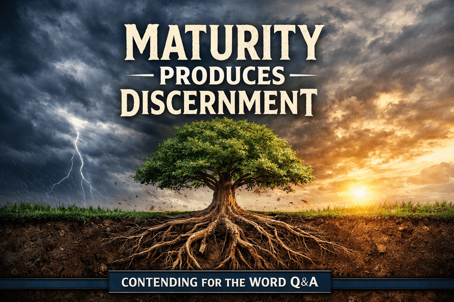 Contending for the Word Q&A thumbnail graphic showing a large rooted tree split between a stormy dark sky and a bright sunrise sky, with visible underground roots and the title text “Maturity Produces Discernment,” emphasizing spiritual stability, growth, and biblical discernment.