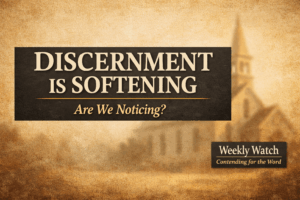 Discernment Is Softening — Weekly Watch Contending for the Word thumbnail with parchment background, church silhouette, and bold headline text about discernment in today’s church.