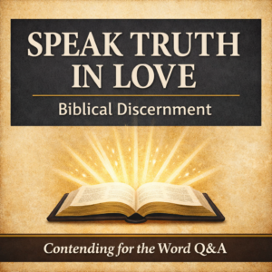 Teaching episode graphic titled “Speak Truth in Love: Biblical Discernment Explained” for the Contending for the Word Q&A podcast by Dave Jenkins with Bible and speech icon design.