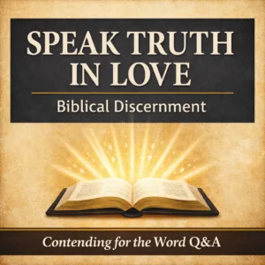 Teaching episode graphic titled “Speak Truth in Love: Biblical Discernment Explained” for the Contending for the Word Q&A podcast by Dave Jenkins with Bible and speech icon design.