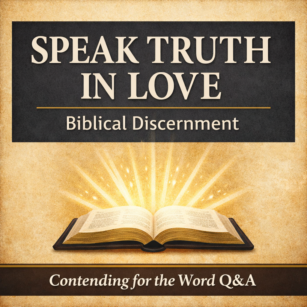 Teaching episode graphic titled “Speak Truth in Love: Biblical Discernment Explained” for the Contending for the Word Q&A podcast by Dave Jenkins with Bible and speech icon design.