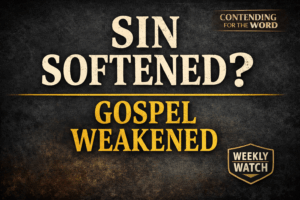 Close-up YouTube thumbnail with a dark charcoal and parchment-textured background featuring bold serif text reading “SIN SOFTENED?” at the top and gold text reading “GOSPEL WEAKENED” below a thin gold divider line. In the upper right corner is the label “Contending for the Word,” and a small badge in the lower right reads “Weekly Watch.” No faces or people are shown.