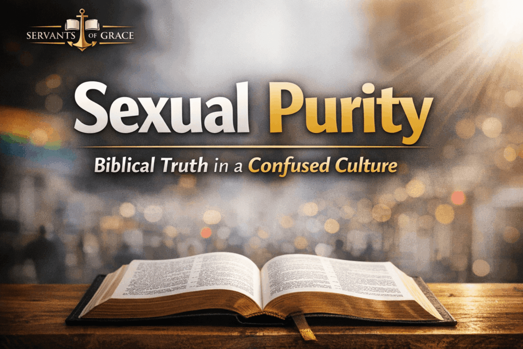 Thumbnail for Anchored in the Word episode titled “Sexual Purity: Biblical Truth in a Confused Culture” featuring an open Bible with Servants of Grace branding.