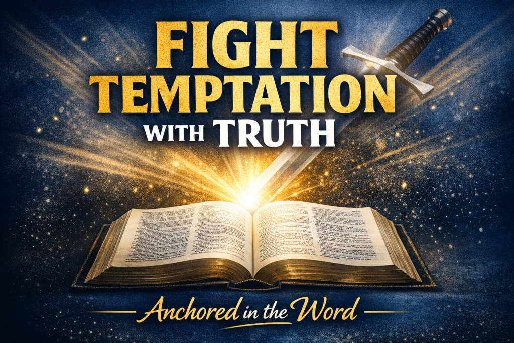 Anchored in the Word YouTube thumbnail showing an open Bible with bright light shining from its pages and a sword behind it, with bold gold and white text reading “Fight Temptation with Truth.”