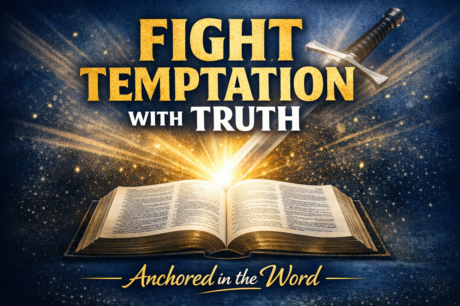 Anchored in the Word YouTube thumbnail showing an open Bible with bright light shining from its pages and a sword behind it, with bold gold and white text reading “Fight Temptation with Truth.”