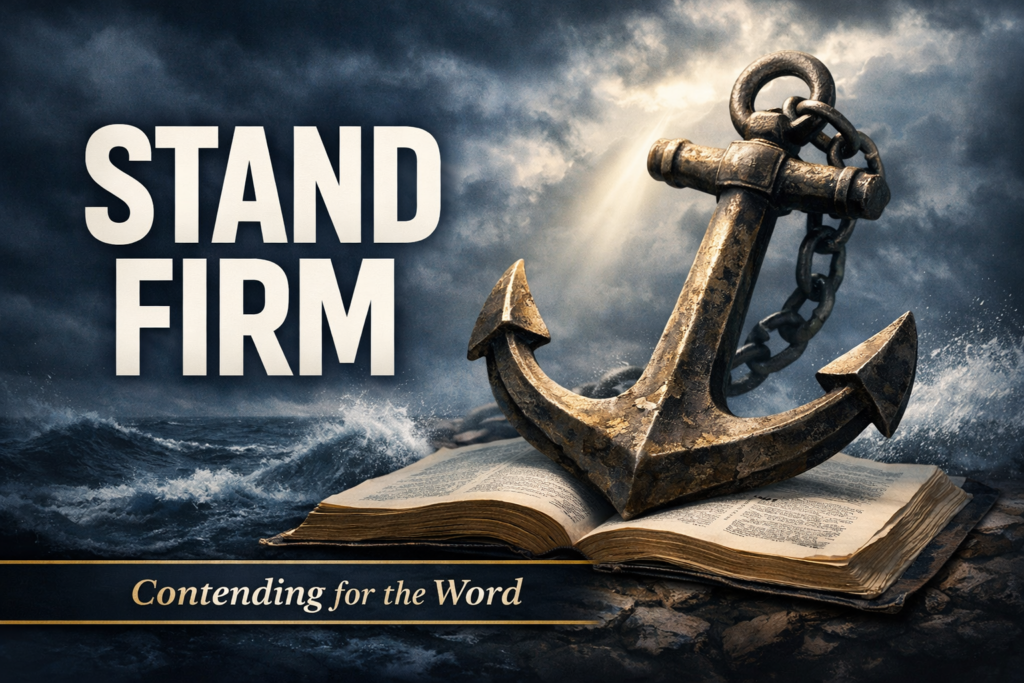 Stand Firm in Christ When the Church Feels Shaken: A Biblical Anchor from Hebrews 12 1 Stand Firm YouTube thumbnail with bold text reading “STAND FIRM,” featuring a large anchor resting on an open Bible amid stormy waves and dark clouds, with light breaking through and the label “Contending for the Word.”