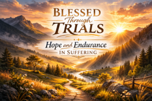 Sunrise over a peaceful mountain valley with light breaking through the hills symbolizing hope and endurance through trials based on James 1:12.