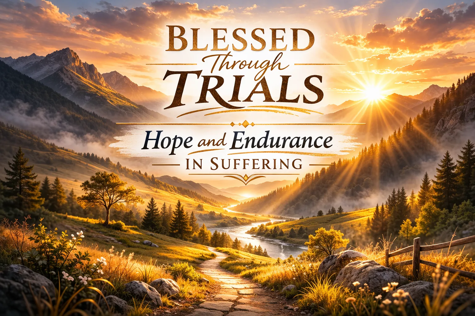 Sunrise over a peaceful mountain valley with light breaking through the hills symbolizing hope and endurance through trials based on James 1:12.