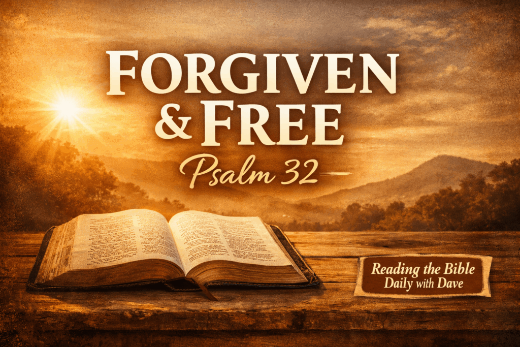 YouTube thumbnail for Reading the Bible Daily with Dave featuring an open Bible at sunrise with the text “Forgiven & Free — Psalm 32,” emphasizing forgiveness and joy in Christ.