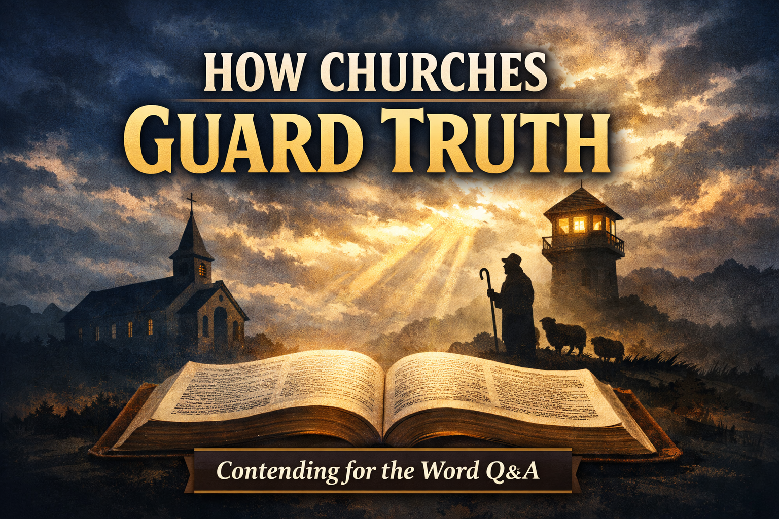 Thumbnail showing an open Bible in the foreground with a church and watchtower silhouette under rays of light, titled “How Churches Guard Truth” for the Contending for the Word Q&A podcast episode on biblical doctrine and discernment.