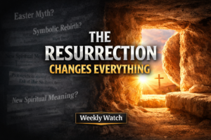 Empty tomb illuminated by sunrise light with a cross silhouette in the distance, contrasted against a dark background with blurred cultural headlines, featuring the text “The Resurrection Changes Everything” and a Weekly Watch label.