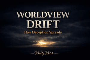 YouTube thumbnail with dark navy background and subtle light breaking through clouds on the horizon, featuring the title “WORLDVIEW DRIFT” with the subtitle “How Deception Spreads” and a small “Weekly Watch” tag in warm gold lettering.