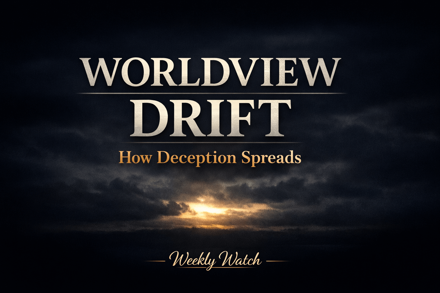 YouTube thumbnail with dark navy background and subtle light breaking through clouds on the horizon, featuring the title “WORLDVIEW DRIFT” with the subtitle “How Deception Spreads” and a small “Weekly Watch” tag in warm gold lettering.