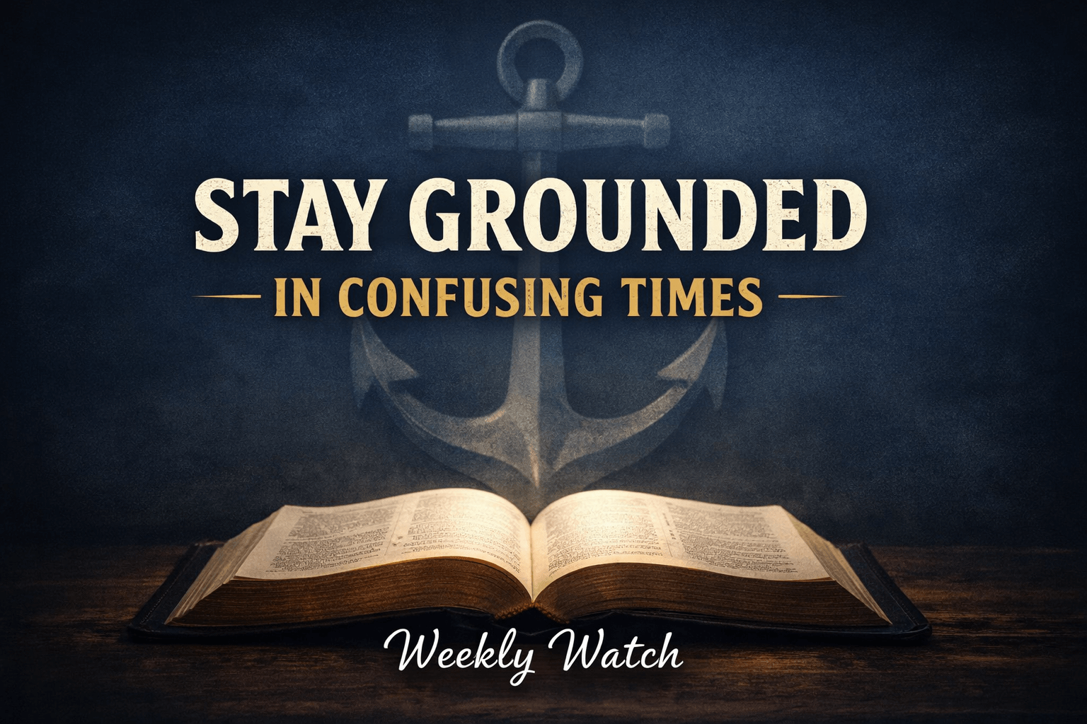 Open Bible illuminated by soft light with a subtle anchor symbol in the background and the words “Stay Grounded in Confusing Times – Weekly Watch,” representing stability through God’s Word.