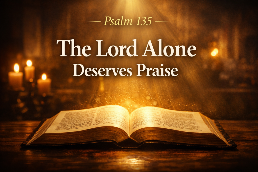 Thumbnail for a Servants of Grace podcast episode on Psalm 135 featuring an open Bible illuminated by golden light with the text “Psalm 135 — The Lord Alone Deserves Praise” against a warm, candlelit background.
