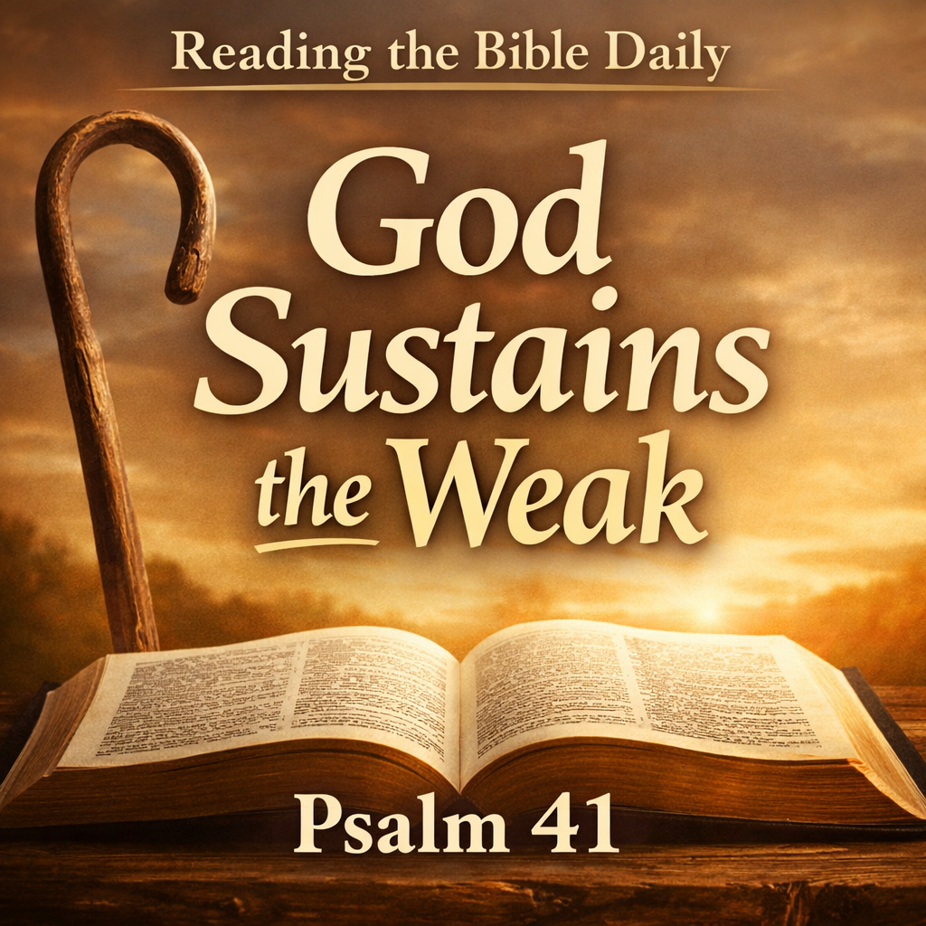 Psalm 41 Bible teaching thumbnail for Reading the Bible Daily with Dave showing an open Bible and shepherd’s staff with the title “God Sustains the Weak.”