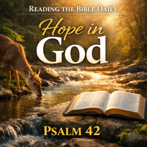 Deer drinking from a flowing stream beside an open Bible with the title “Hope in God – Psalm 42 | Reading the Bible Daily” representing Psalm 42’s theme of longing for God.