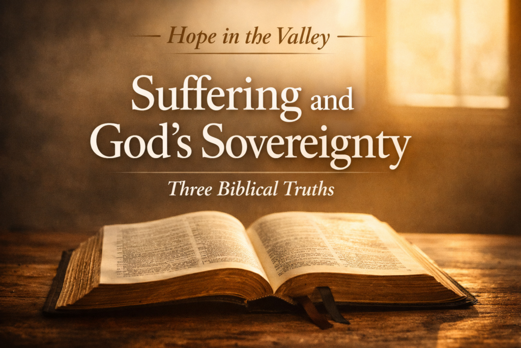 Open Bible illuminated by warm sunlight with the text “Hope in the Valley – Suffering and God’s Sovereignty – Three Biblical Truths,” representing biblical teaching on suffering and God’s sovereign purposes.