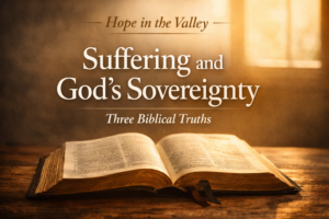 Open Bible illuminated by warm sunlight with the text “Hope in the Valley – Suffering and God’s Sovereignty – Three Biblical Truths,” representing biblical teaching on suffering and God’s sovereign purposes.