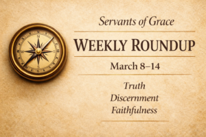 Servants of Grace Weekly Roundup graphic with parchment background and compass symbol highlighting truth, discernment, and faithfulness for March 8–14.