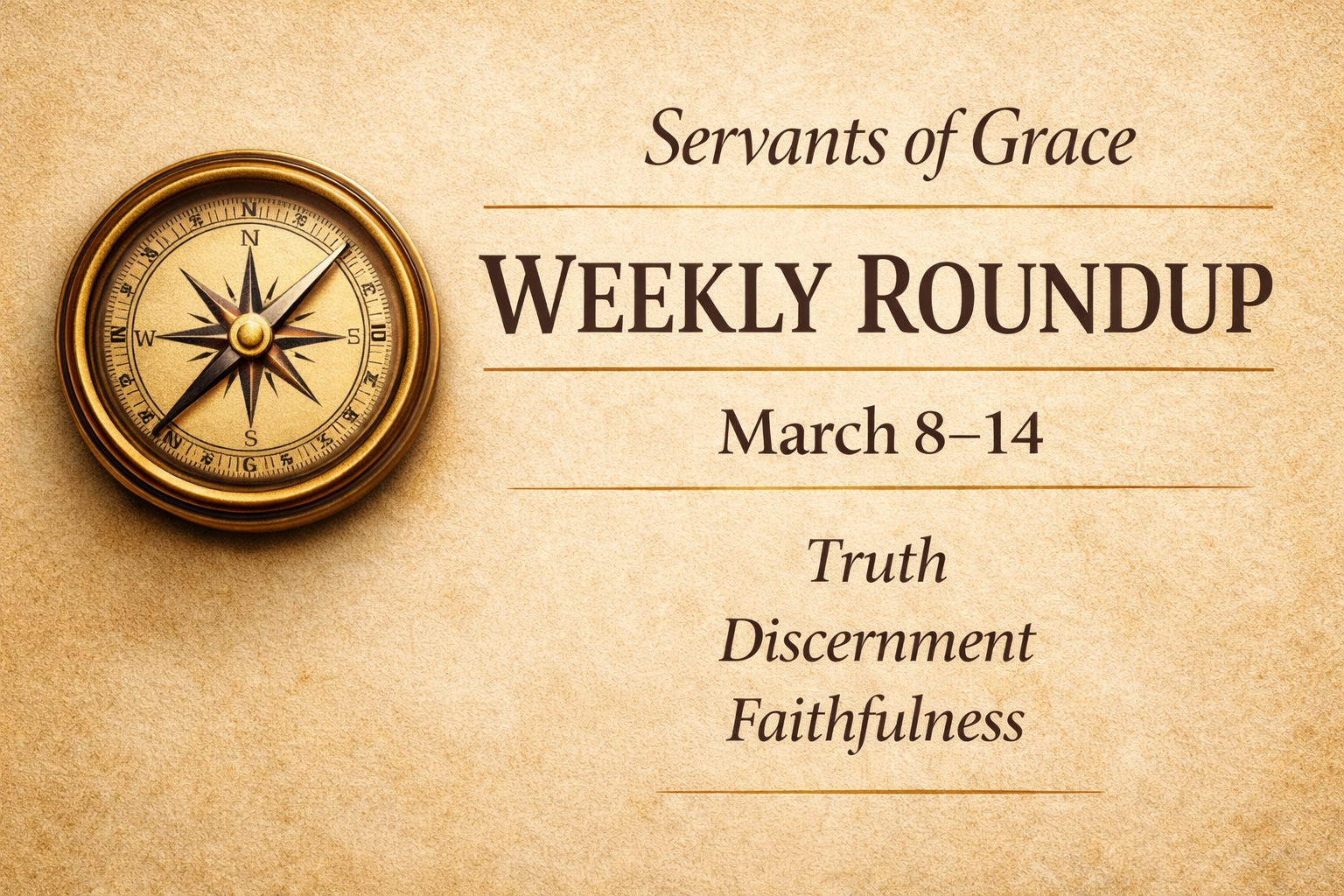 Servants of Grace Weekly Roundup graphic with parchment background and compass symbol highlighting truth, discernment, and faithfulness for March 8–14.