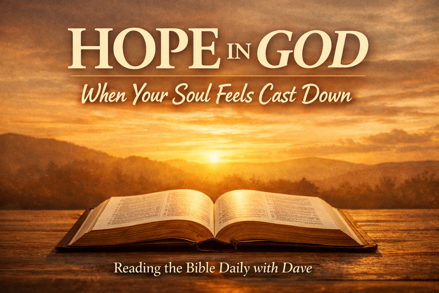 Open Bible illuminated by warm sunrise light with the text “Hope in God – When Your Soul Feels Cast Down” and “Reading the Bible Daily with Dave,” representing a devotional teaching on Psalm 43.