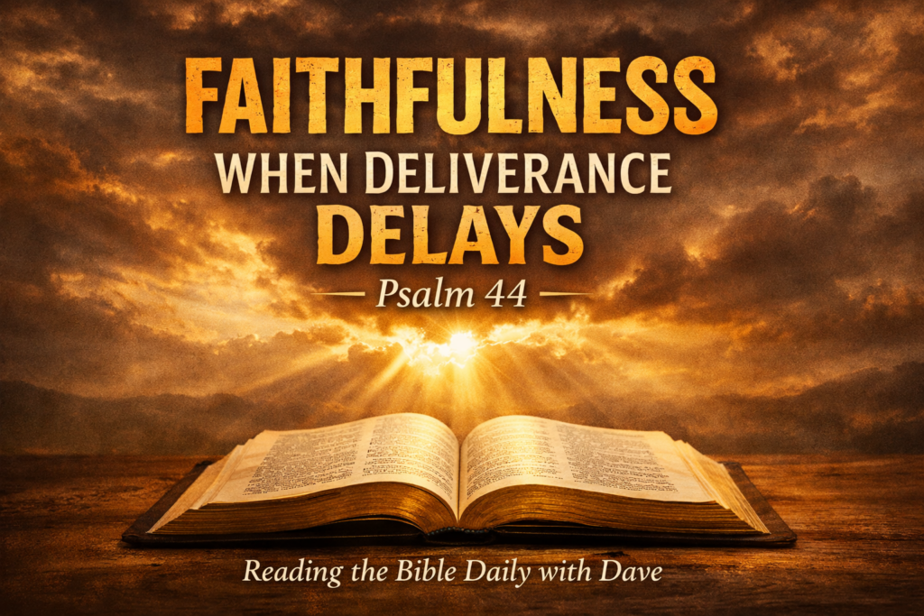 Thumbnail for Reading the Bible Daily with Dave episode on Psalm 44 titled “Faithfulness When Deliverance Delays,” featuring an open Bible with dramatic sunrise light breaking through clouds in warm gold earth tones.