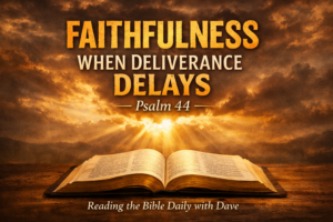 Thumbnail for Reading the Bible Daily with Dave episode on Psalm 44 titled “Faithfulness When Deliverance Delays,” featuring an open Bible with dramatic sunrise light breaking through clouds in warm gold earth tones.
