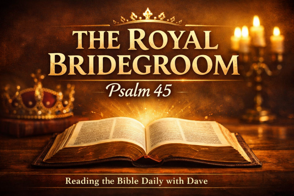 Open Bible illuminated by warm golden light with a royal crown in the background and the title “The Royal Bridegroom – Psalm 45,” representing the majesty of Christ the King.