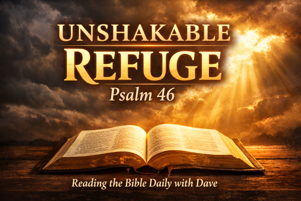 Psalm 46: God Our Refuge and Strength in a Shaking World 2 Open Bible illuminated by golden light breaking through dark storm clouds with the words “Unshakable Refuge – Psalm 46” and “Reading the Bible Daily with Dave,” symbolizing God as a refuge in times of trouble.