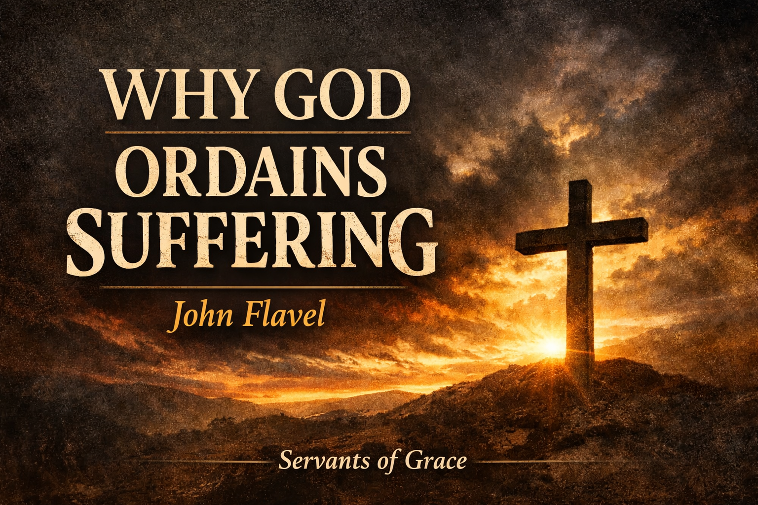 Cross silhouette on a hill with dark storm clouds breaking into golden light, featuring the title “Why God Ordains Suffering” and the subtitle “John Flavel” for a Servants of Grace article on Puritan theology of suffering.