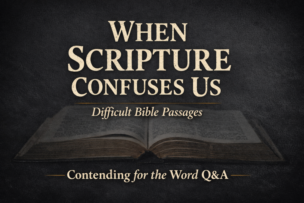 Thumbnail for the Contending for the Word Q&A episode “When Scripture Confuses Us: Responding to Difficult Bible Passages,” featuring an open Bible on a dark charcoal background with the title text in parchment lettering.