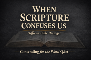 Thumbnail for the Contending for the Word Q&A episode “When Scripture Confuses Us: Responding to Difficult Bible Passages,” featuring an open Bible on a dark charcoal background with the title text in parchment lettering.