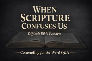 Thumbnail for the Contending for the Word Q&A episode “When Scripture Confuses Us: Responding to Difficult Bible Passages,” featuring an open Bible on a dark charcoal background with the title text in parchment lettering.