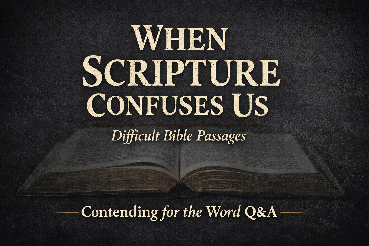 Thumbnail for the Contending for the Word Q&A episode “When Scripture Confuses Us: Responding to Difficult Bible Passages,” featuring an open Bible on a dark charcoal background with the title text in parchment lettering.
