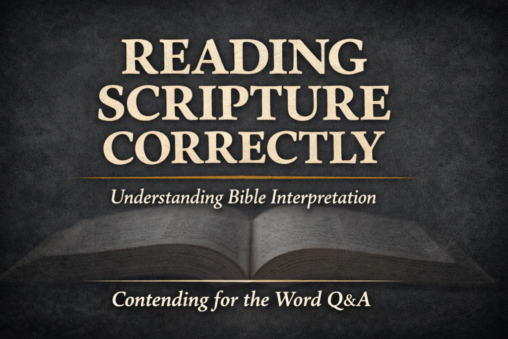 Reading Scripture Correctly: How Christians Interpret the Bible Faithfully 3 Thumbnail for the Contending for the Word Q&A episode titled “How Do I Know If I’m Reading Scripture Correctly?” featuring parchment text over a charcoal background with a subtle open Bible texture.