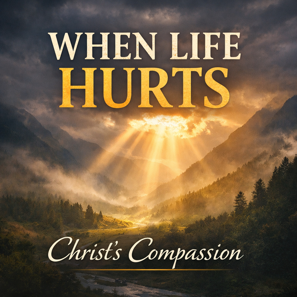 Sunlight breaking through dark clouds over a mountain valley with the words “When Life Hurts – Christ’s Compassion,” symbolizing hope in suffering and Christ’s comfort for believers.