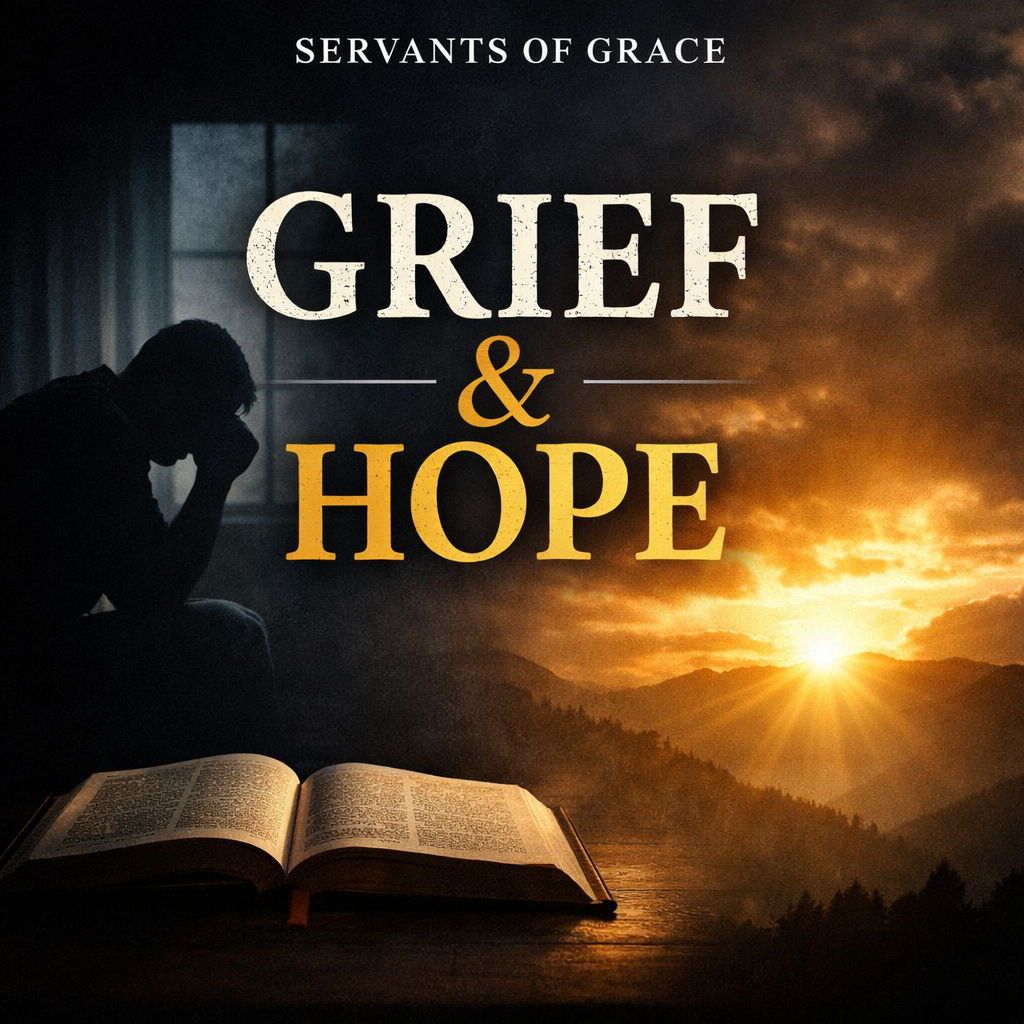 Thumbnail showing a person sitting in darkness with an open Bible and a sunrise breaking through clouds, with the text “Grief & Hope.”