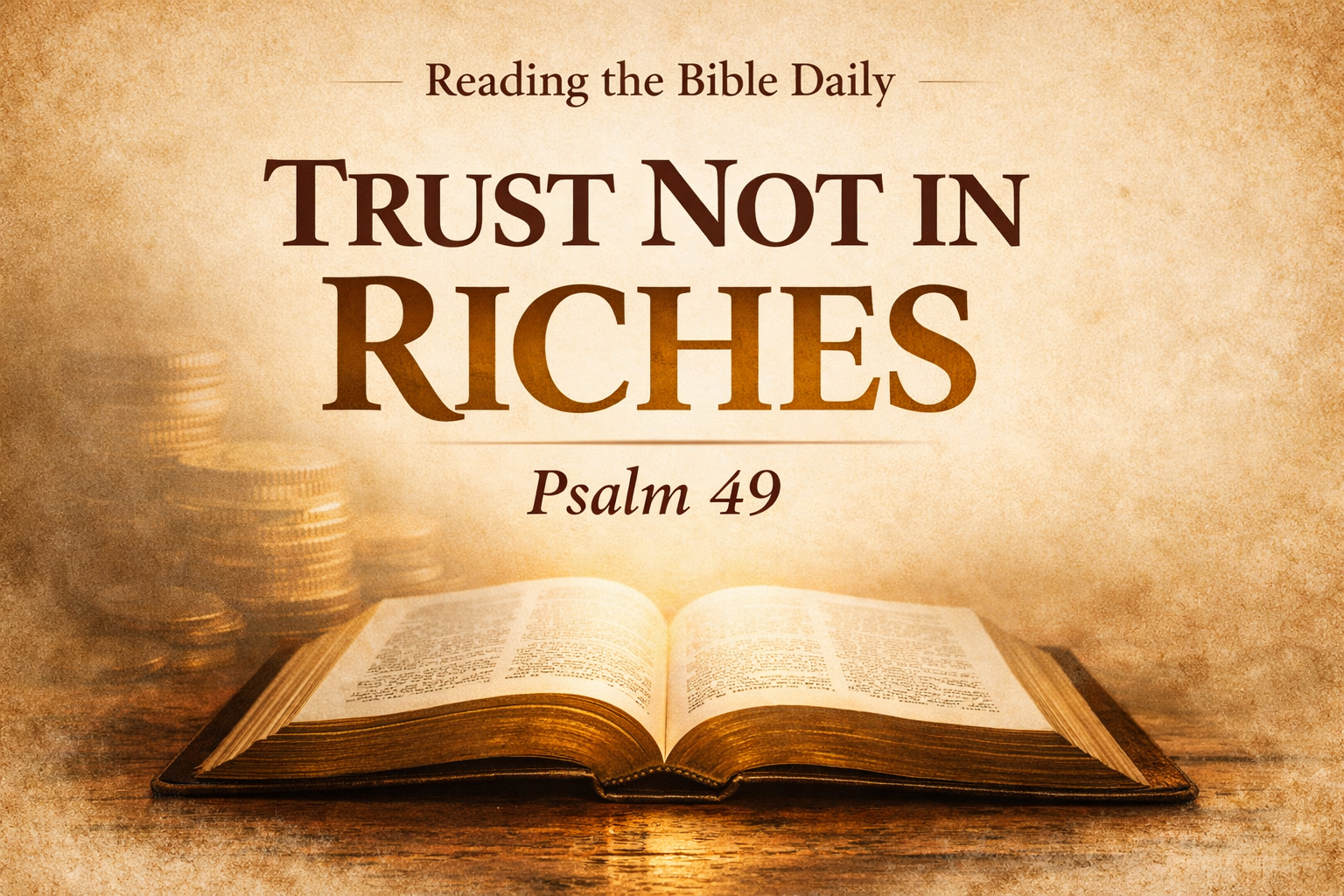 Open Bible on a warm parchment background with soft light, featuring the words “Trust Not in Riches – Psalm 49,” symbolizing biblical wisdom about wealth and eternal life.