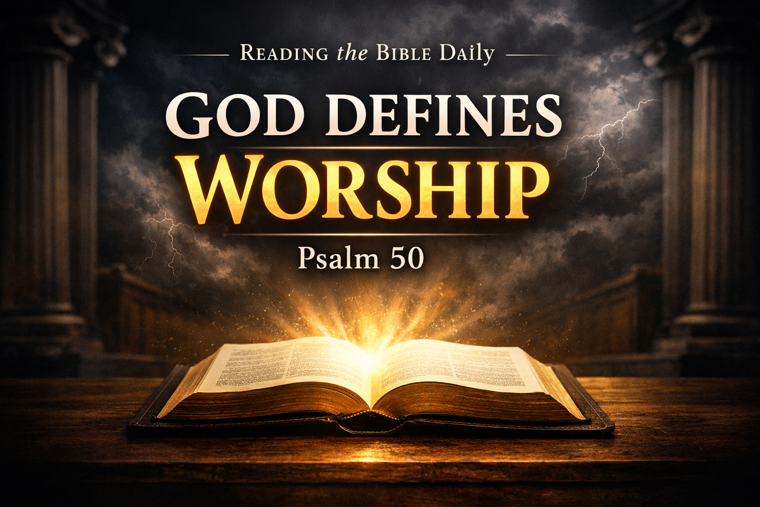 Open Bible glowing with light in a dark courtroom setting with storm clouds and lightning, representing God’s authority and judgment in Psalm 50 with the text “God Defines Worship.