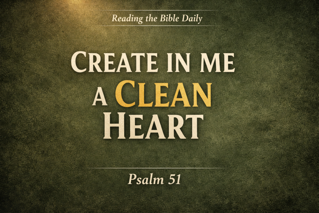 Psalm 51: True Repentance and the Cleansing of the Heart 2 Psalm 51 YouTube thumbnail with the text “Create in Me a Clean Heart,” set on a deep olive-green textured parchment background with a soft golden light from the top corner, featuring cream-colored lettering and a gold-accented “CLEAN,” with “Reading the Bible Daily” at the top and “Psalm 51” at the bottom.
