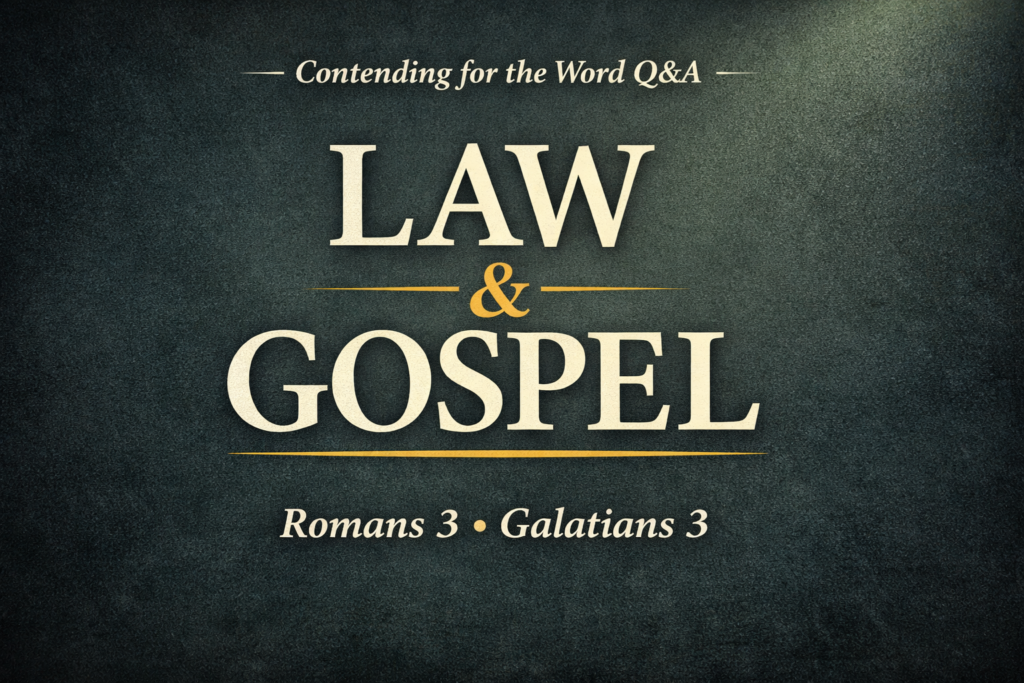 Thumbnail with a dark charcoal-green textured background and soft light glow. Large cream serif text reads “Law & Gospel,” with a gold accent underline, “Contending for the Word Q&A” at the top, and “Romans 3 • Galatians 3” at the bottom.