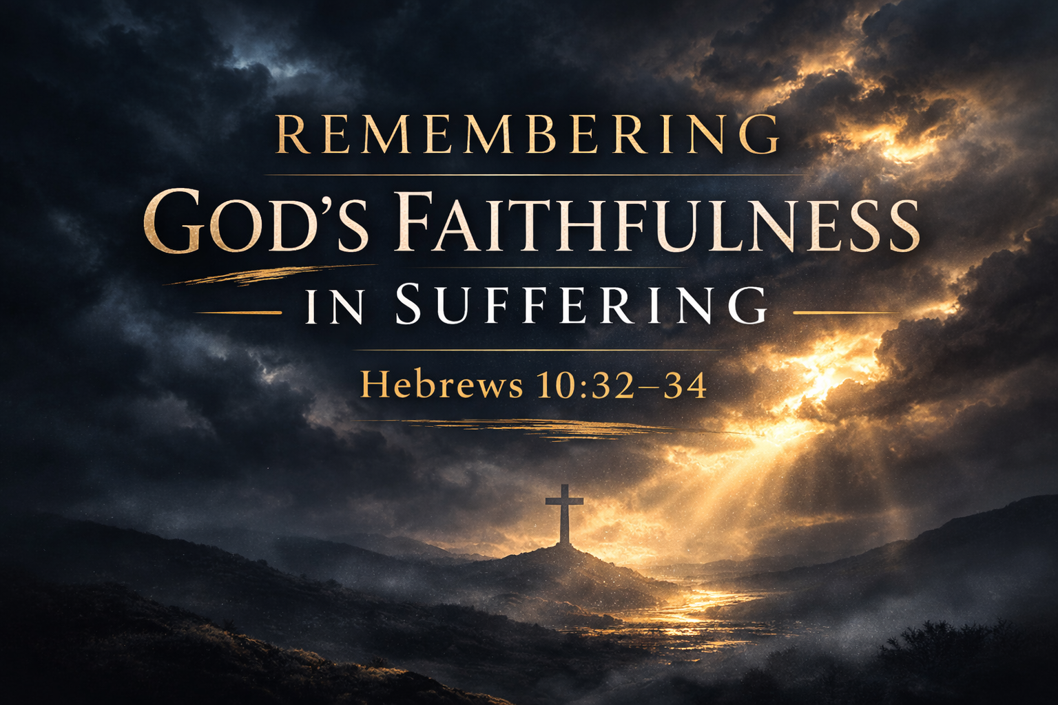 Storm clouds breaking with golden light over a valley and cross symbolizing God’s faithfulness and hope in suffering based on Hebrews 10:32–34