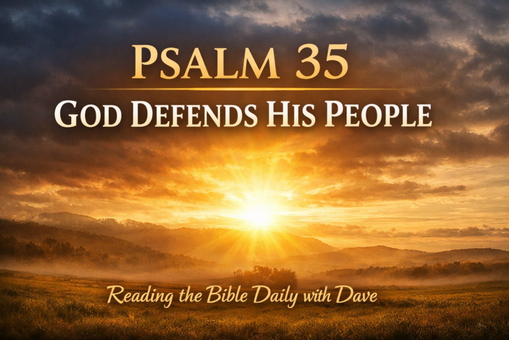Sunrise breaking through dark storm clouds over an open landscape with warm golden light symbolizing God’s deliverance, featuring the text “Psalm 35 — God Defends His People | Reading the Bible Daily with Dave.”