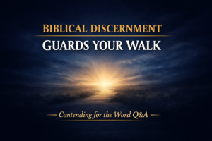 Biblical discernment podcast thumbnail with deep navy background, soft light on a path toward the horizon, and gold and white text reading “Biblical Discernment Guards Your Walk – Contending for the Word Q&A.”