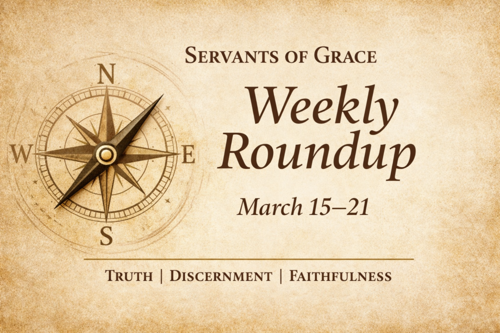 Servants of Grace Weekly Roundup (March 15–21, 2026) 1 Servants of Grace Weekly Roundup March 15–21 featuring a parchment background with a compass symbolizing truth, discernment, and faithfulness