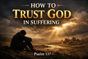 A dramatic Christian YouTube thumbnail featuring a silhouette of a person sitting alone in a dark, desolate landscape, looking toward distant ruins under a stormy sky, with rays of light breaking through clouds. Bold text reads “How to Trust God in Suffering – Psalm 137.”